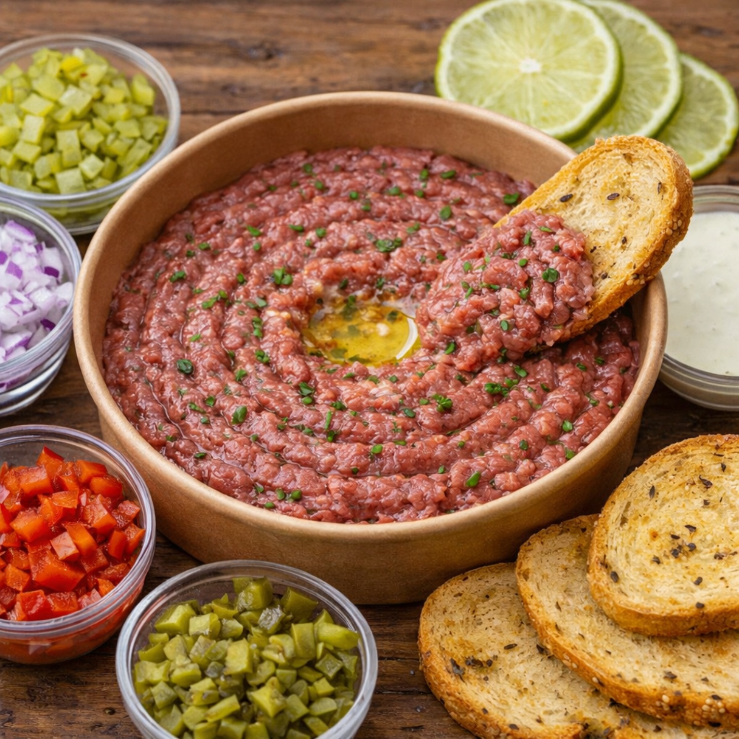 Crudo de carne con tostadas, cocina marina Crudo Crudo