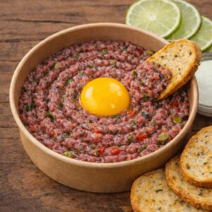 Crudo de carne con huevo crudo, cocina marina Crudo Crudo
