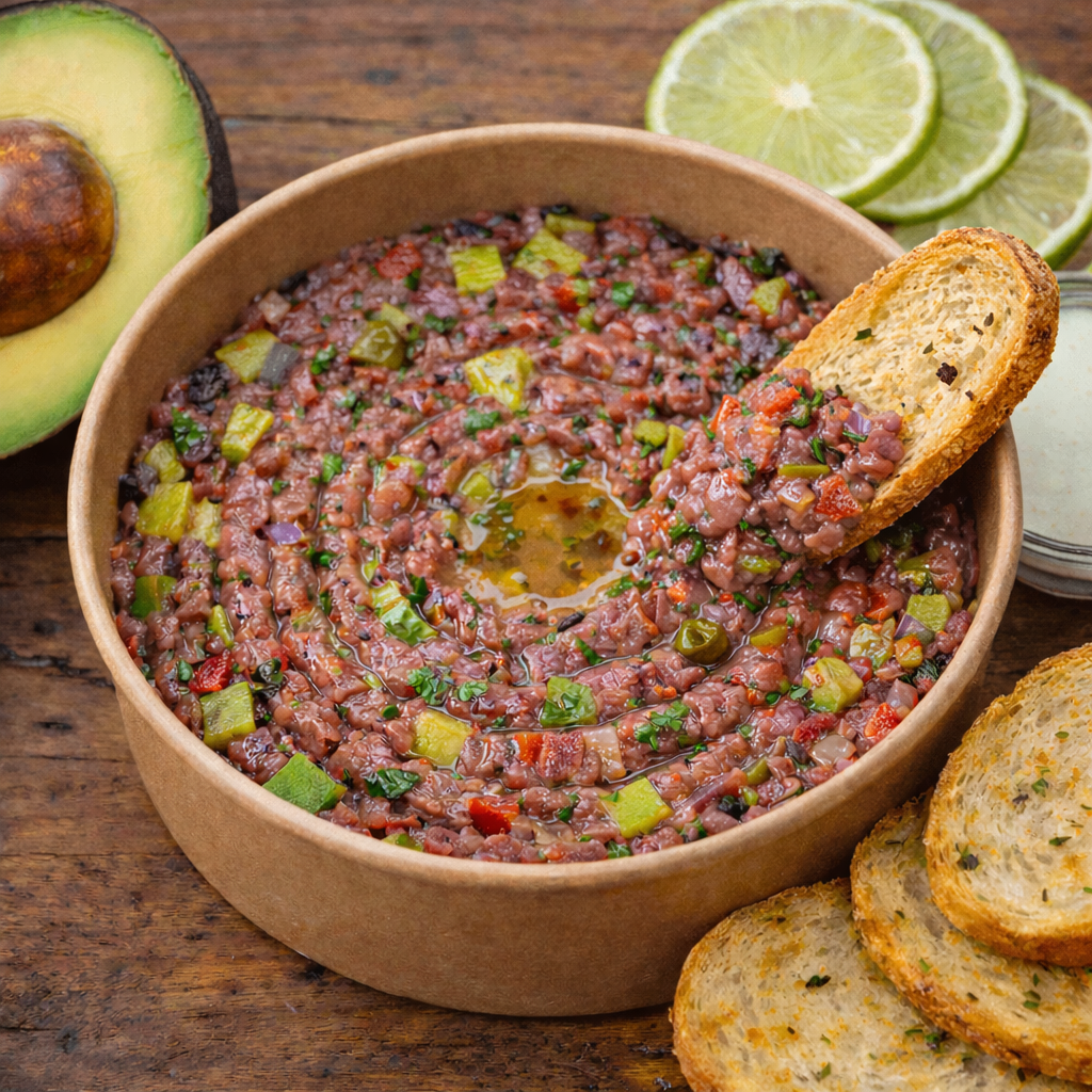 Crudo de carne con palta y tostadas, cocina marina Crudo Crudo